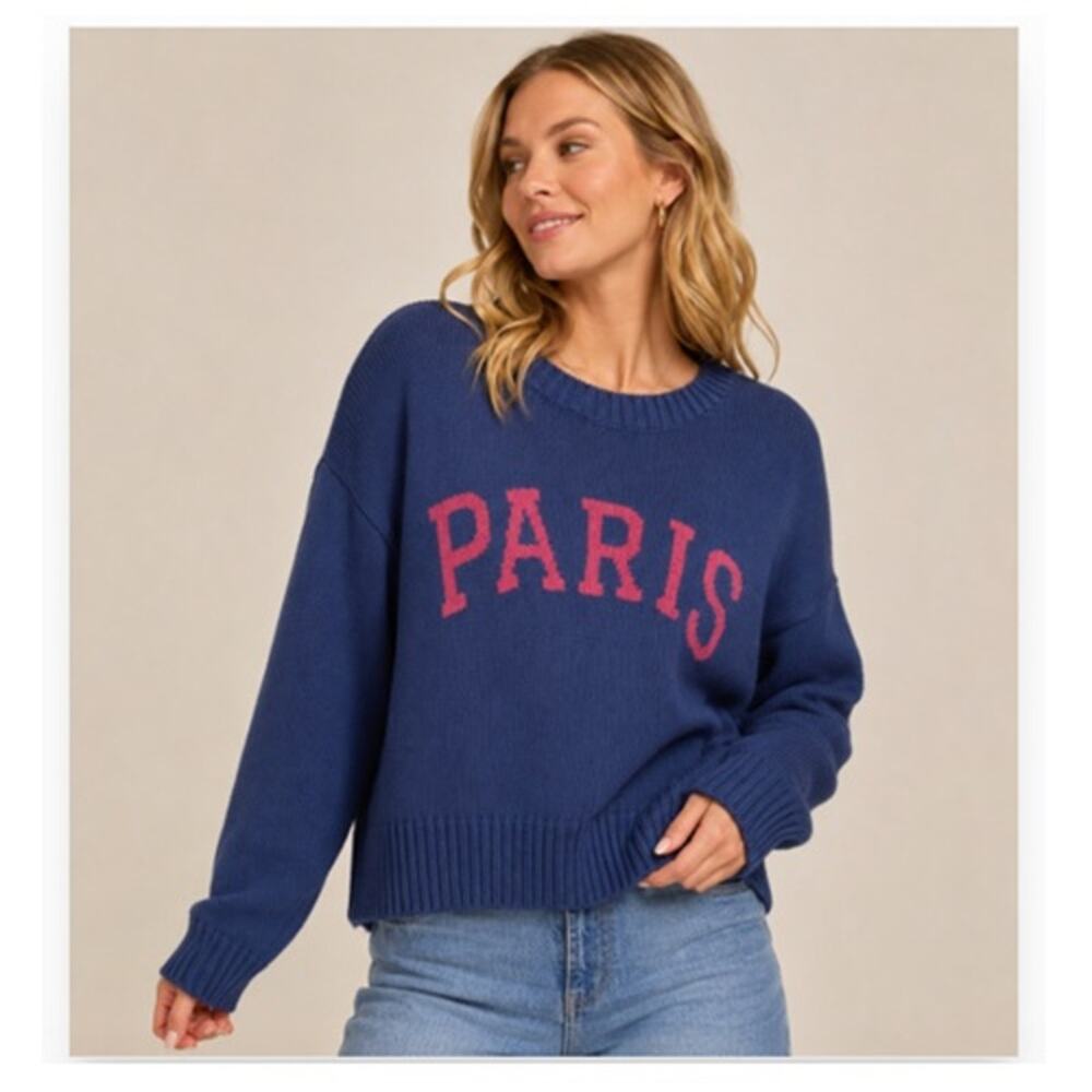 Z Supply Paris Sweater Womens Small Blue Pink Graphic Knit Pullover 100% Cotton